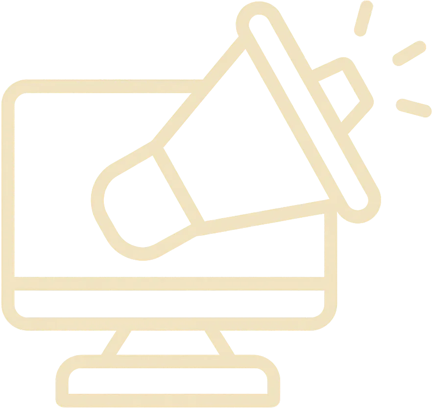 A computer with a megaphone over it to represent the announcing and training of the QMS.