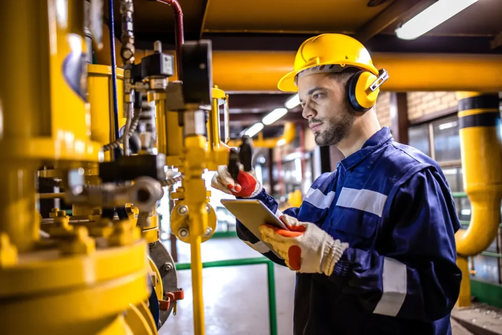 An inspector using a checklist on a tablet while inspecting a value within a plant.