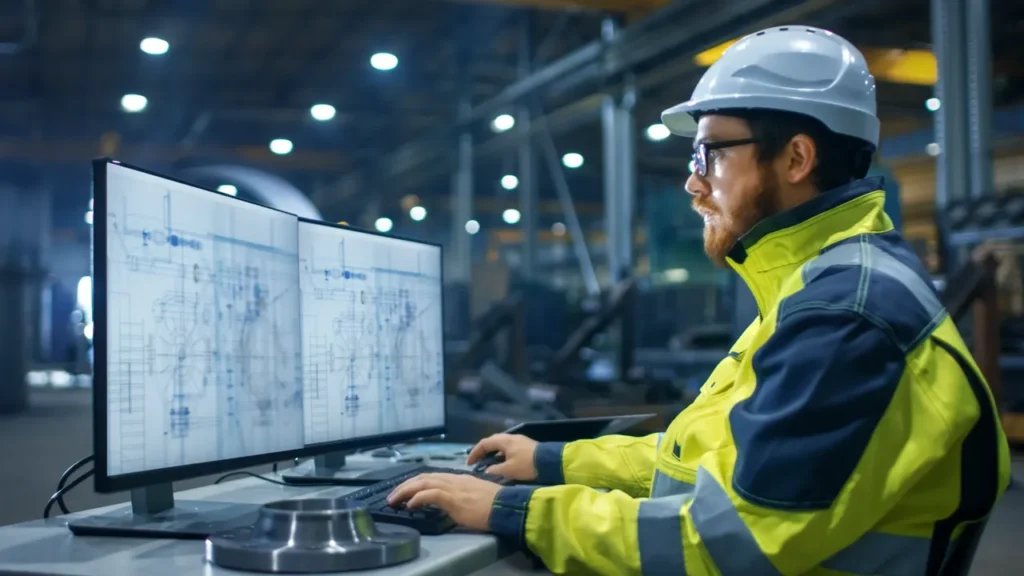A quality engineer looking over a schematic on the computer.