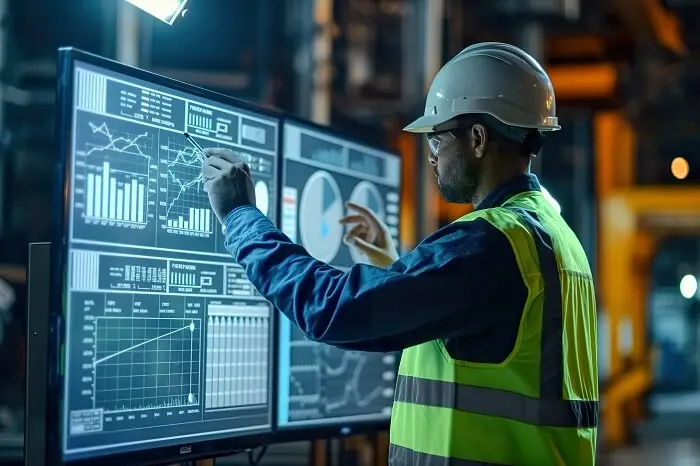 Man looking at status screens