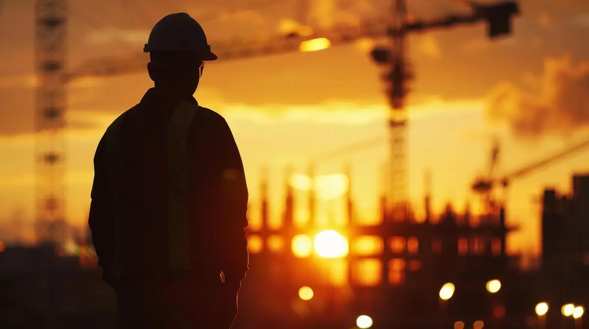 man overlooking construction site at sunset.