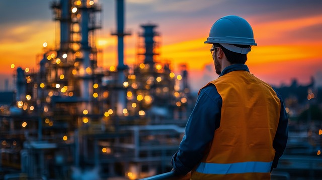 man overlooking plant at sunset.