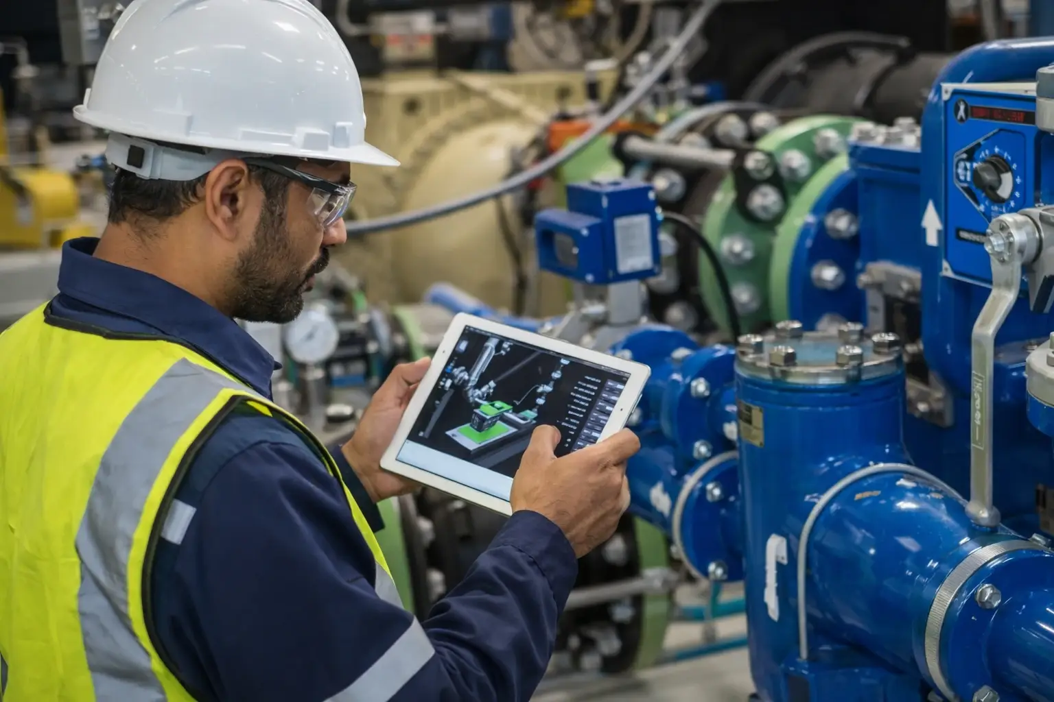 Quality inspector using tablet to check machine in industrial setting.