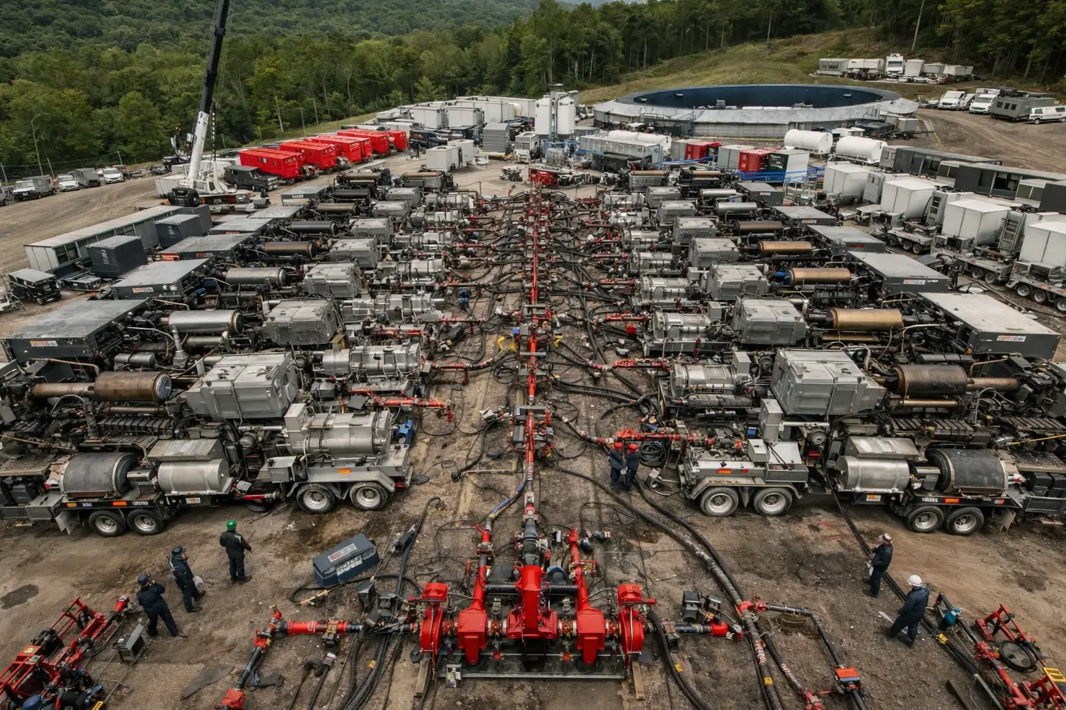 Complex industrial machinery setup outdoors for a fracking site.