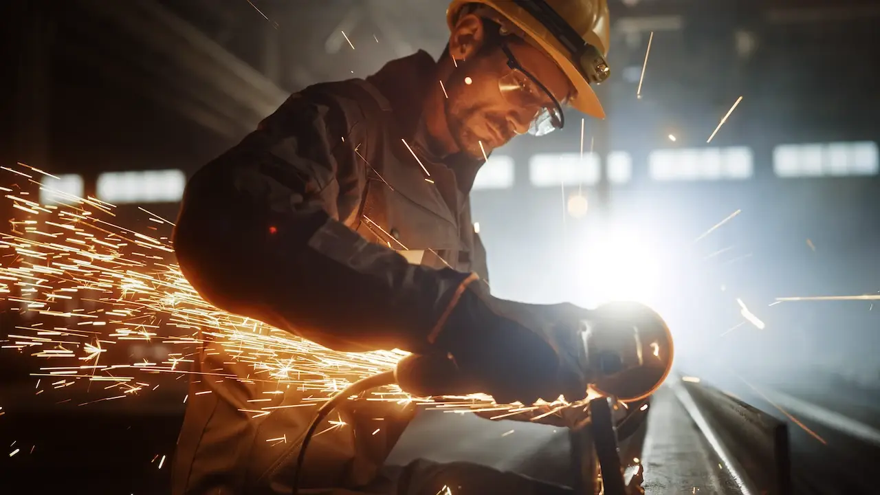 Worker grinding metal, sparks flying.