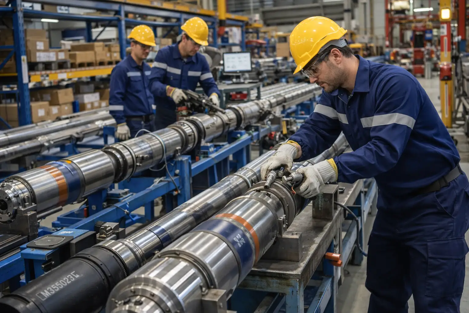 Workers assembling down hole oil tools in factory.